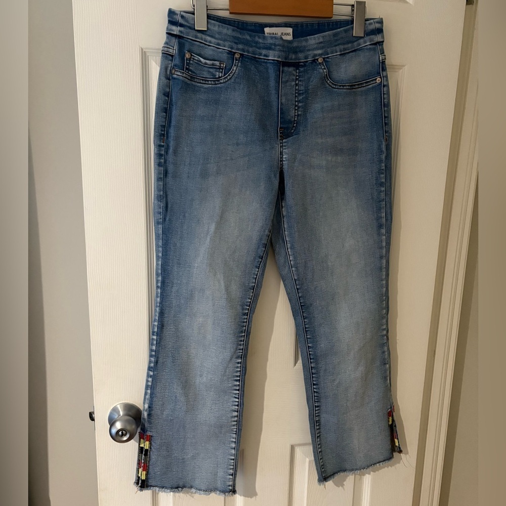 Tribal Light Blue Cropped Jeans with Beaded Side Accents